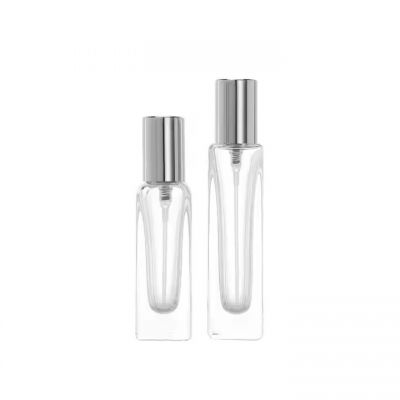 Hot Selling Mini Perfume Packaging Bottle Empty Square Crimp Neck Fea 13mm Glass Bottle 8ml 10ml With Aluminum Spray Pump