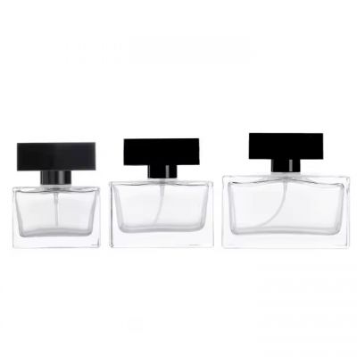 Wholesale 30ml 50ml 100ml Clear Cuboid Perfume Bottle With Black Plastic T Cap 1oz 1.7oz 3.3oz Crimping Flat Glass Spray Bottle