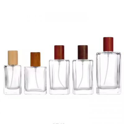 High Quality Crystal Glass Perfume Bottle 30ml 50ml 100ml Empty Square Crimp Spray Pump Bottles With Wooden Caps