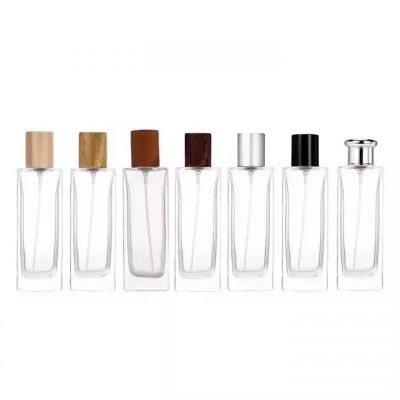 Perfume Glass Bottle 50ml Flat Square Spray Transparent Empty Parfum Bottle Crimp Neck With Spray Pump Wood Cap