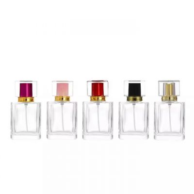 Luxury Glass Perfume Bottle 50ml Thick Base Flat Square Shape Spray Perfume Bottles Crimp Pump Glass Bottle With Acrylic Lid