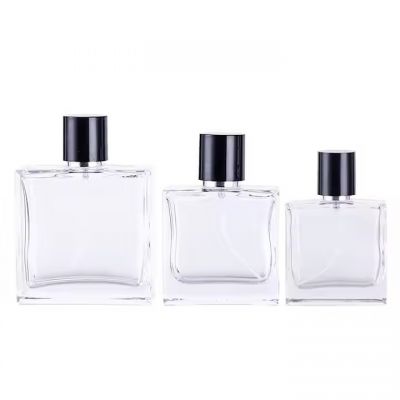 Wholesale 30ml 50ml 100ml Clear Flat Square Shape Custom Spray Refillable Luxury Empty Glass Perfume Bottles With Black Caps
