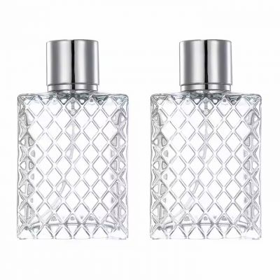 Wholesale Square Cosmetic Fragrance Spray Pump Glass Bottles 50ml Lattice Shape Refillable Empty Perfume Oil Bottle Packaging