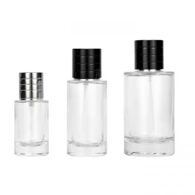 Wholesale Cylinder Shaped Crimp Neck Glass Perfume Bottles 25m 50ml 100ml Capacity with Pump Sprayer and Plastic ABS Cap