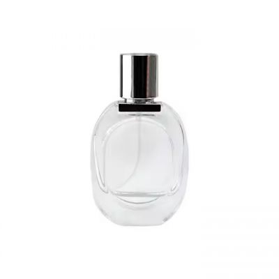 Luxury Recyclable Refillable 30ml Flat Round Shape Empty Clear Frosted Glass Perfume Bottle With Pump Spray Cap