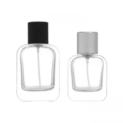 Flat Square 30ml 50ml Crimp Perfume Bottles Wholesale Empty Glass Parfum Bottle With Sprayer Pump and Cap
