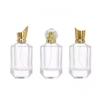 High Quality 100ml Luxury Empty Unique Shape Clear Crimp Neck Perfume Spray Glass Bottles With Gold Lids for Fragrance