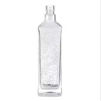 Transparent Embossed Empty Vodka Gin Glass Bottles Clear Square Glass Bottle Whiskey Bottles