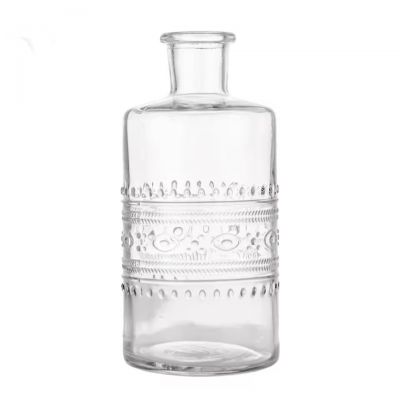Factory Custom 350ml Clear Embossed Pattern Glass Bottle for Whiskey Rum Gin Vodka Liquor Spirit with T-Cork Stopper