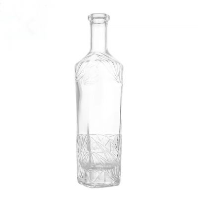 Wholesale 750ml Custom Flint Glass Bottle with Square Base and Leaf Pattern for Liquor Gin Vodka Empty High-end Spirit Bottle