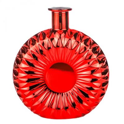 Wholesale 700ml Custom Red Electroplated Flat Round Glass Liquor Bottle for Premium Brandy Gin Whiskey Vodka Spirits Packaging