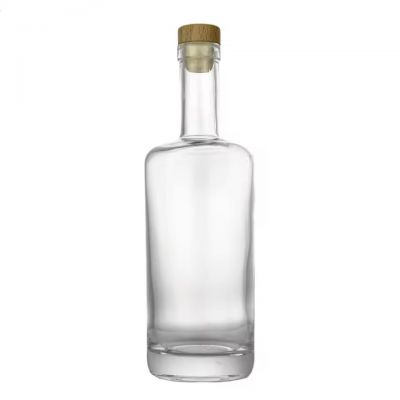 Wholesale Round Customized 750ml Cork Liquor Glass Bottle Unique Shoulder Design Clear Glass Bottle for Whiskey Vodka and Rum