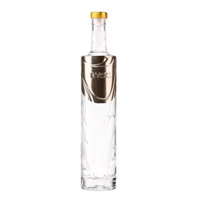 Wholesale Customizable Clear Alcohol Glass Bottles Luxury Elecroplate Golden 750ml Liquor Vodka Whisky Glass Bottle