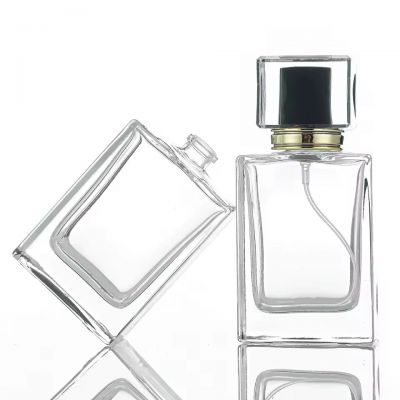Factory Direct Deals Fench Clear Transparent Squre 50ml Goods in Stock Glass Perfume Bottle With Pump Sprayer